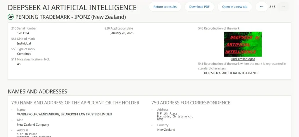 "DEEPSEEK AI ARTIFICIAL INTELLIGENCE" находится на рассмотрении в НЗ.